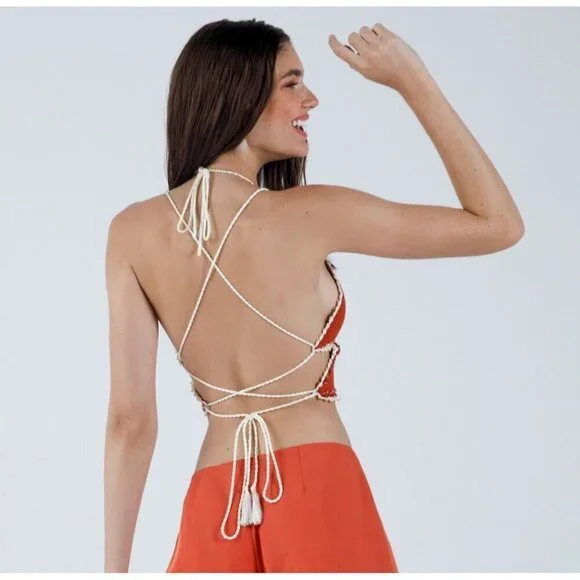 My Beachy Side Crochet Beaded Butterfly Halter Top Flame Womens M/L - Picture 5 of 7